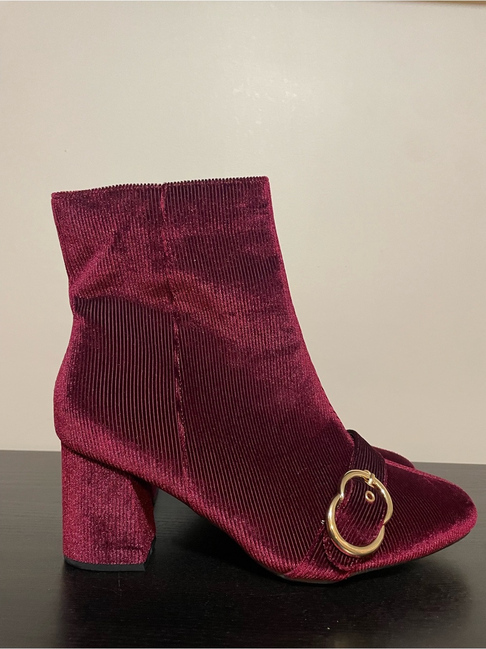 Burgundy Velvet Ankle Bootie Boots with Gold Buckle Accent | Womens Size 11Wide